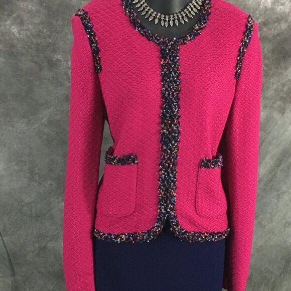 BEAUTIFUL st john knit pink blue multi jacket skirt suit size 8 - Picture 4 of 11